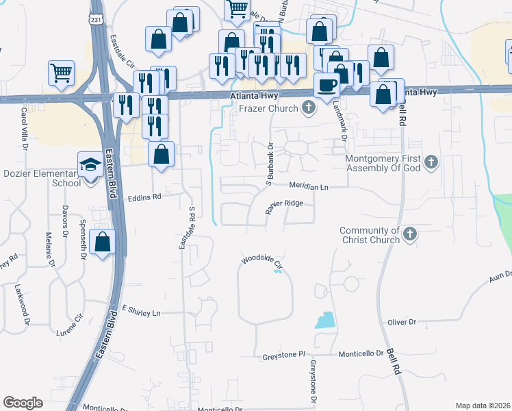 map of restaurants, bars, coffee shops, grocery stores, and more near 223 South Burbank Drive in Montgomery