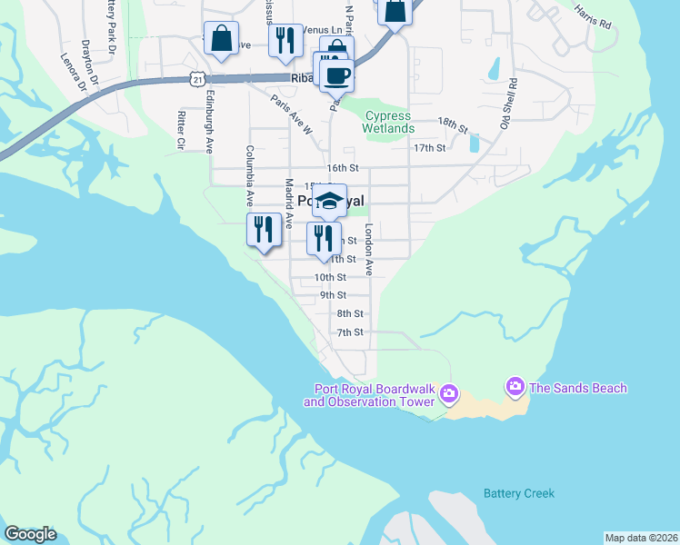 map of restaurants, bars, coffee shops, grocery stores, and more near 914 Paris Avenue in Port Royal