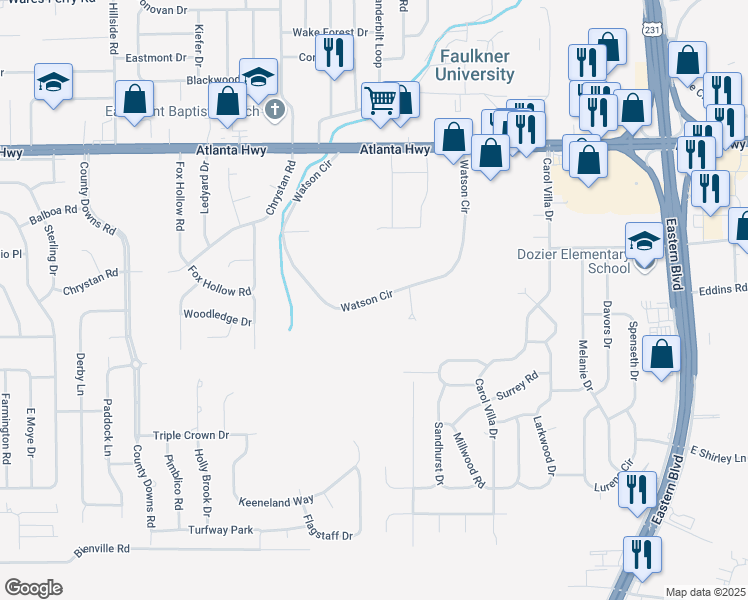 map of restaurants, bars, coffee shops, grocery stores, and more near 90 Watson Circle in Montgomery