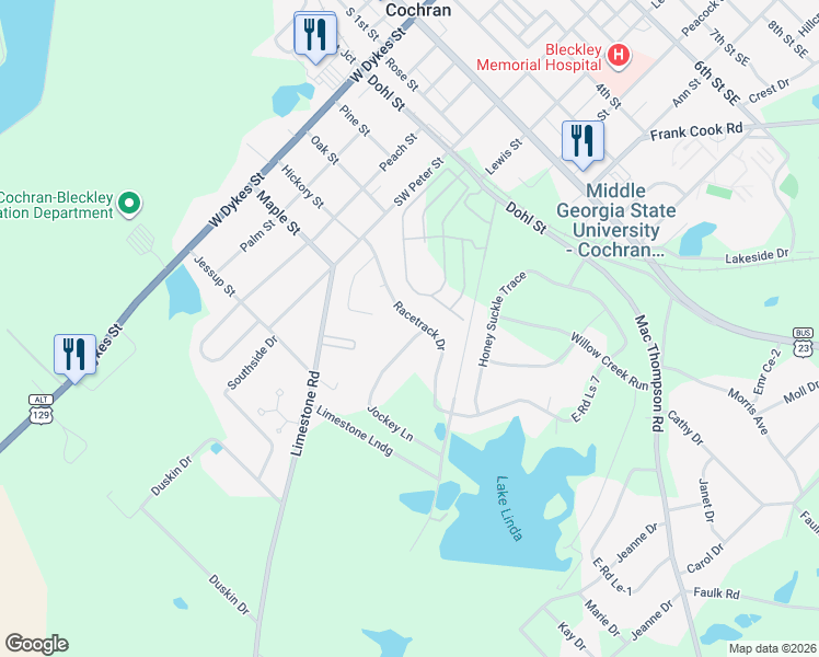 map of restaurants, bars, coffee shops, grocery stores, and more near 106 Jockey Lane in Cochran
