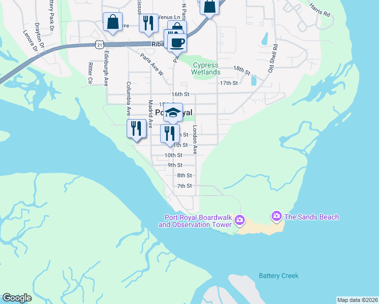 map of restaurants, bars, coffee shops, grocery stores, and more near 901 10th Street in Port Royal