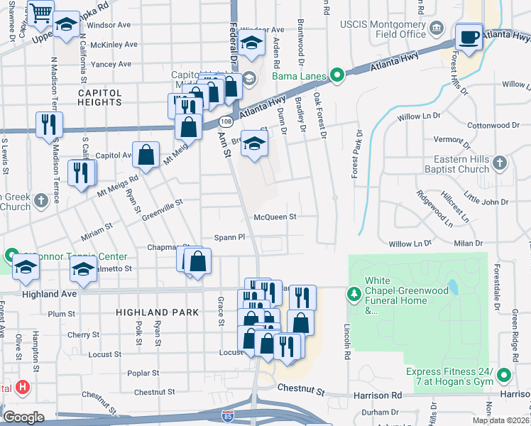 map of restaurants, bars, coffee shops, grocery stores, and more near 2923 McQueen Street in Montgomery