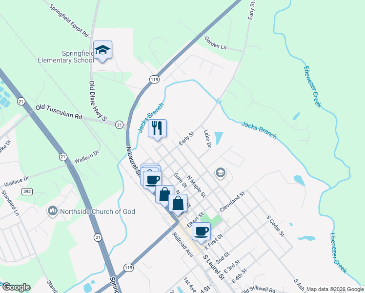 map of restaurants, bars, coffee shops, grocery stores, and more near 503 Early Street in Springfield