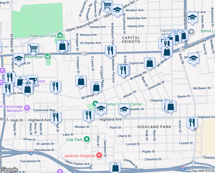 map of restaurants, bars, coffee shops, grocery stores, and more near 1721 Mount Meigs Road in Montgomery