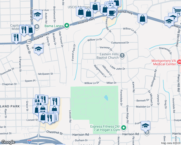 map of restaurants, bars, coffee shops, grocery stores, and more near 3132 Milan Drive in Montgomery