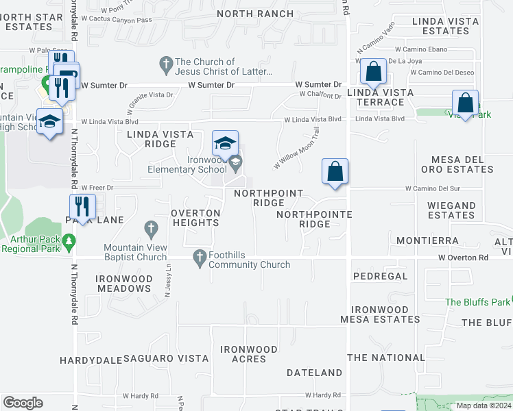 map of restaurants, bars, coffee shops, grocery stores, and more near 9350 North Moon View Place in Tucson