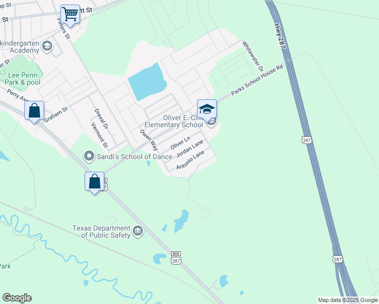 map of restaurants, bars, coffee shops, grocery stores, and more near 624 Jordan Lane in Waxahachie