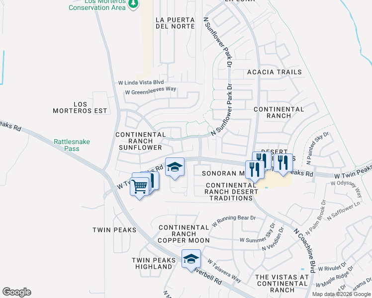 map of restaurants, bars, coffee shops, grocery stores, and more near 7895 West Morning Light Way in Tucson