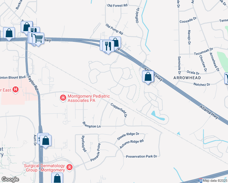 map of restaurants, bars, coffee shops, grocery stores, and more near 8518 Wexford Trce in Montgomery