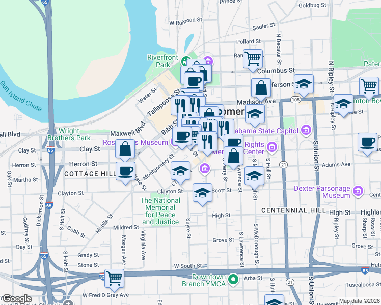 map of restaurants, bars, coffee shops, grocery stores, and more near 127 Lee Street in Montgomery