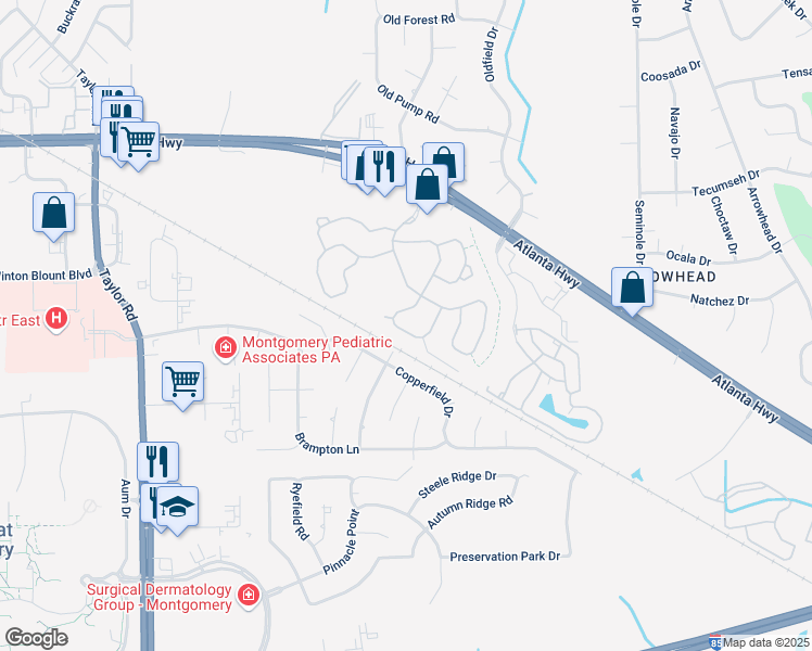 map of restaurants, bars, coffee shops, grocery stores, and more near 8518 Wexford Trce in Montgomery
