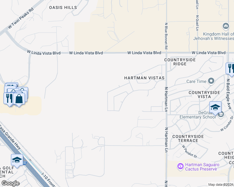 map of restaurants, bars, coffee shops, grocery stores, and more near 9333 North June Bug Drive in Tucson