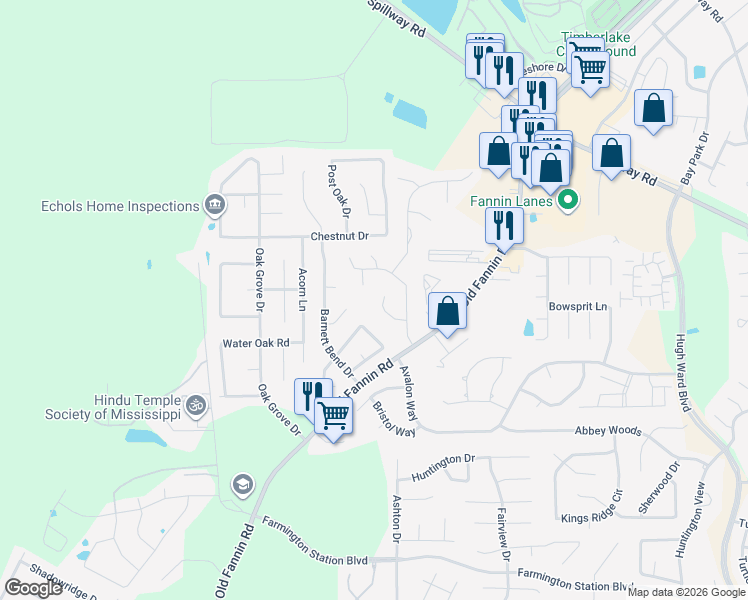 map of restaurants, bars, coffee shops, grocery stores, and more near 126 Hunters Oak Cove in Brandon