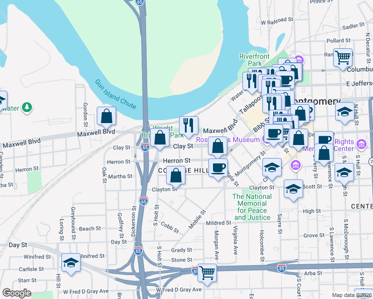 map of restaurants, bars, coffee shops, grocery stores, and more near 200-298 Hanrick St in Montgomery