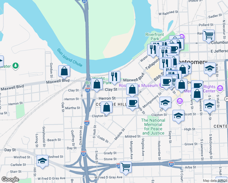 map of restaurants, bars, coffee shops, grocery stores, and more near 200-298 Hanrick St in Montgomery