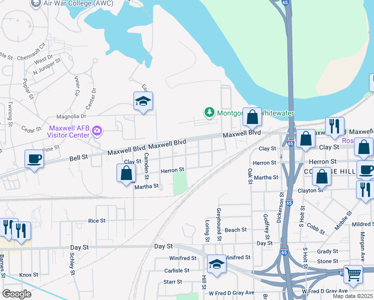 map of restaurants, bars, coffee shops, grocery stores, and more near 25 Covington Street in Montgomery