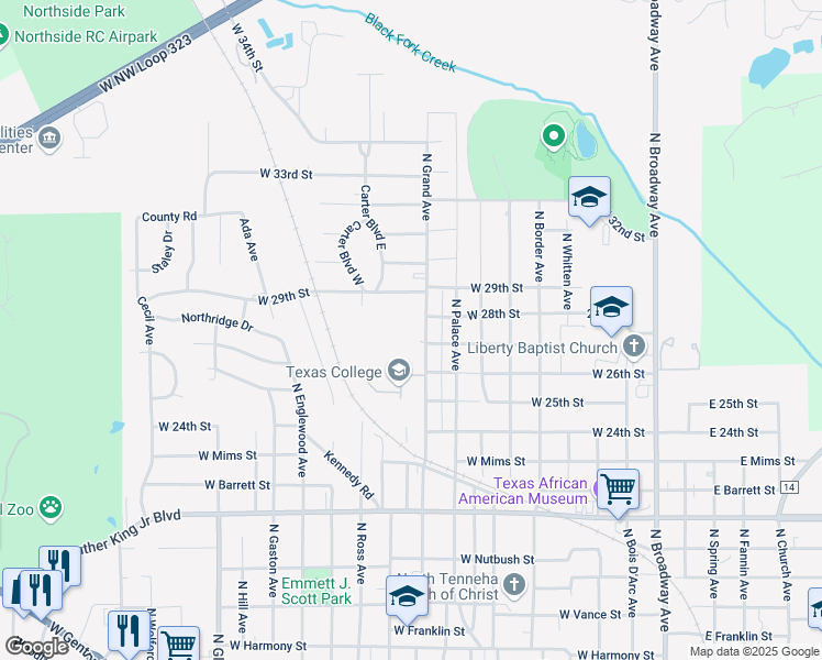 map of restaurants, bars, coffee shops, grocery stores, and more near 2700 North Grand Avenue in Tyler