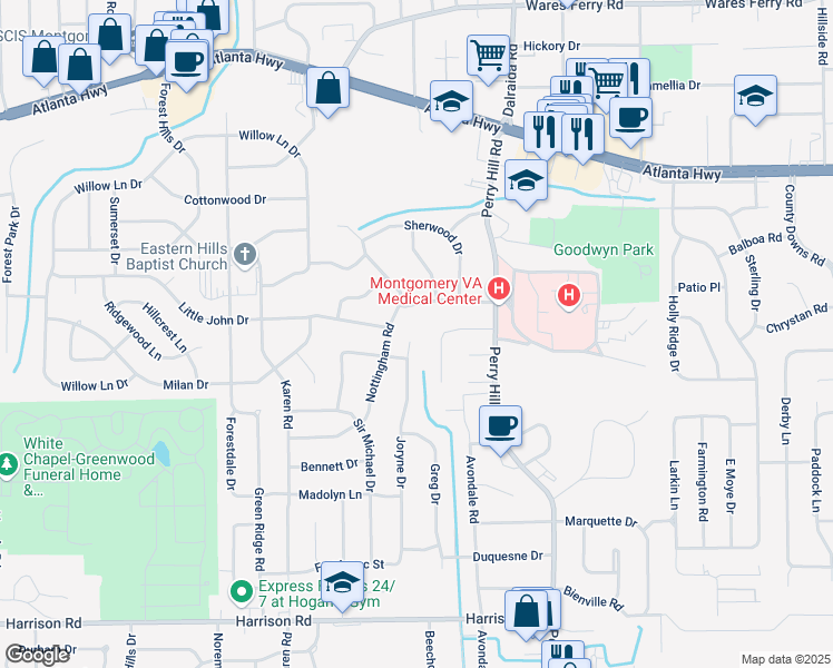 map of restaurants, bars, coffee shops, grocery stores, and more near 605 Joryne Drive in Montgomery