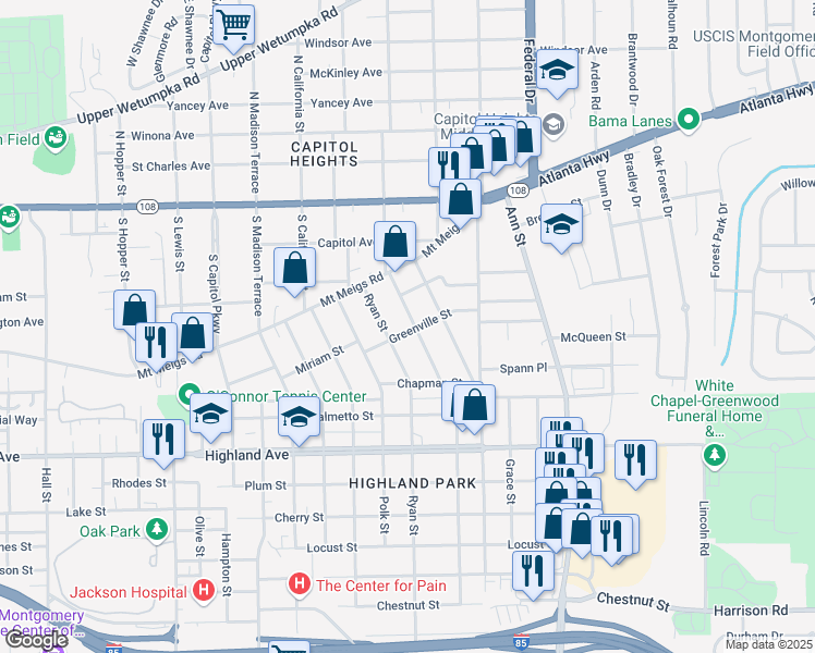 map of restaurants, bars, coffee shops, grocery stores, and more near 328 Calloway Street in Montgomery