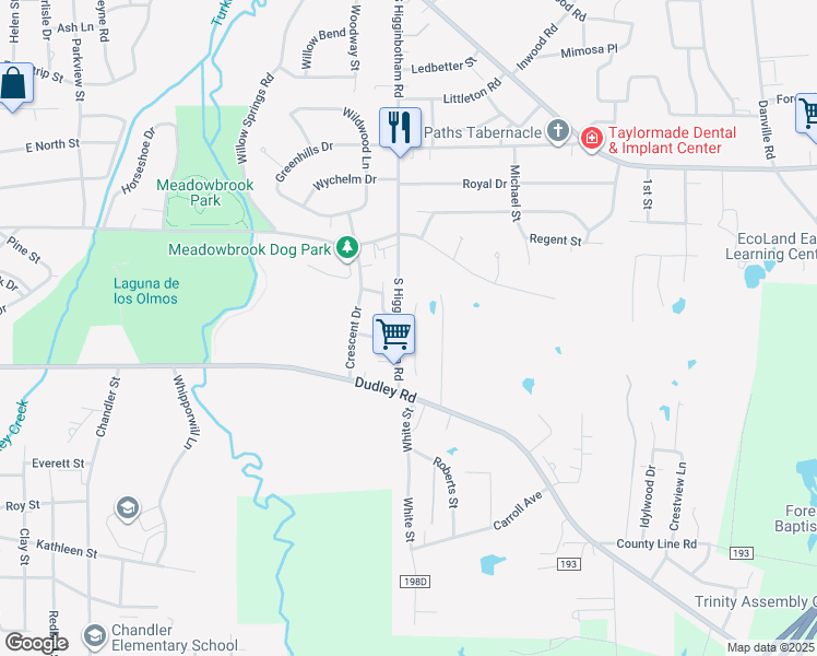 map of restaurants, bars, coffee shops, grocery stores, and more near 18 Eden Street in Kilgore
