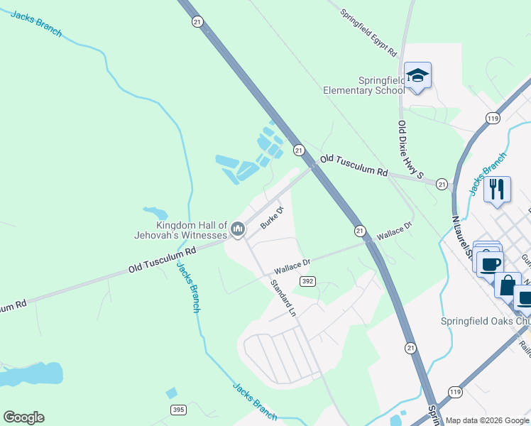 map of restaurants, bars, coffee shops, grocery stores, and more near 213 Old Tusculum Road in Springfield