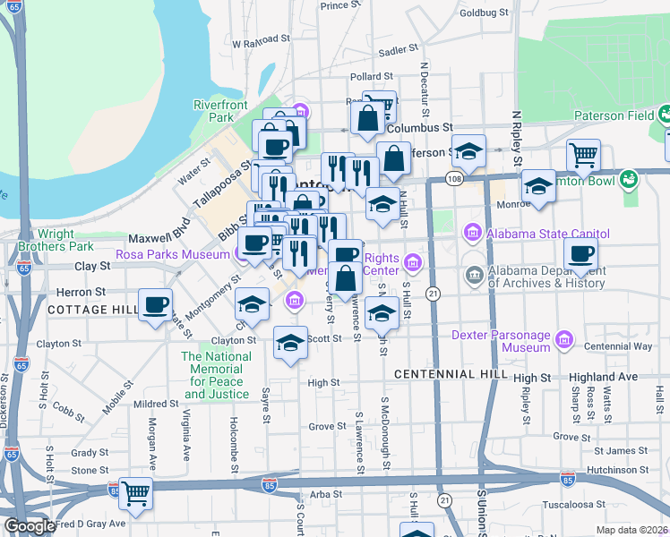 map of restaurants, bars, coffee shops, grocery stores, and more near 111 Washington Avenue in Montgomery