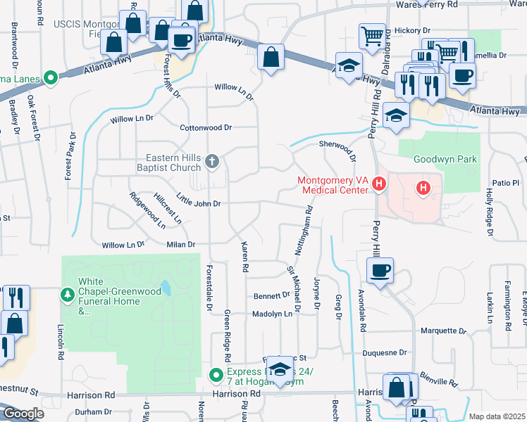 map of restaurants, bars, coffee shops, grocery stores, and more near 3538 Milan Drive in Montgomery