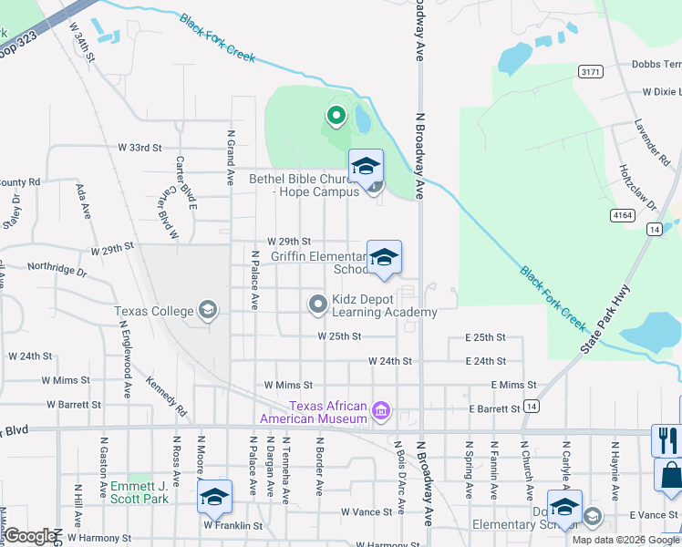 map of restaurants, bars, coffee shops, grocery stores, and more near 2621 North Border Avenue in Tyler