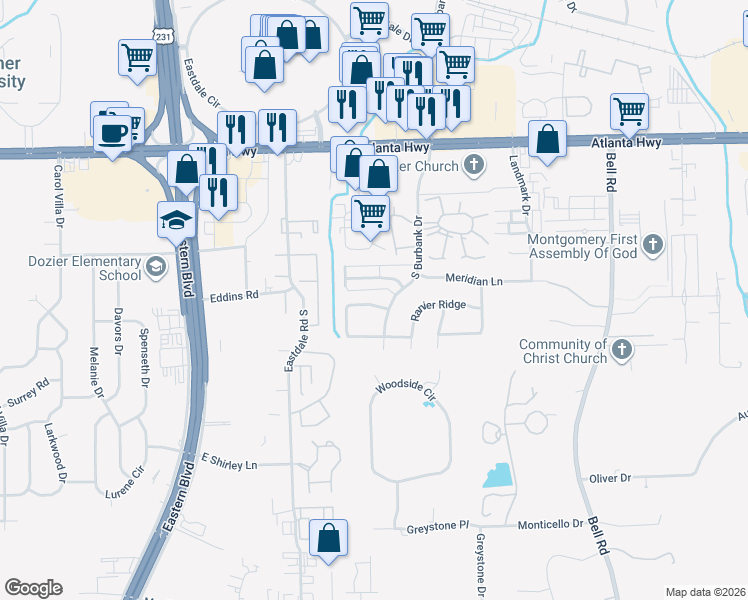 map of restaurants, bars, coffee shops, grocery stores, and more near 5919 Balmoral Road in Montgomery
