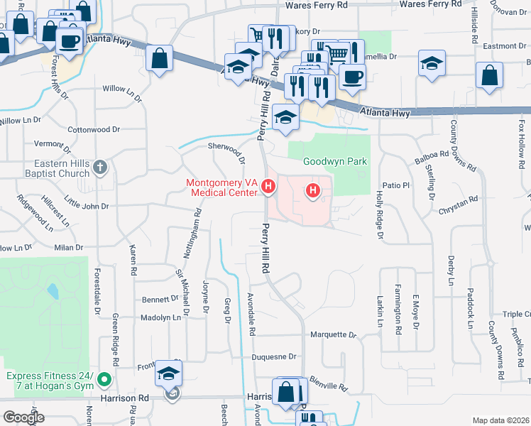 map of restaurants, bars, coffee shops, grocery stores, and more near 3825 Perry Hill Court in Montgomery