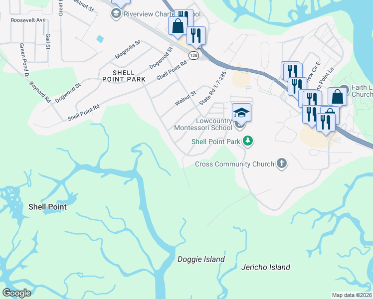 map of restaurants, bars, coffee shops, grocery stores, and more near 992 Broad River Drive in Beaufort