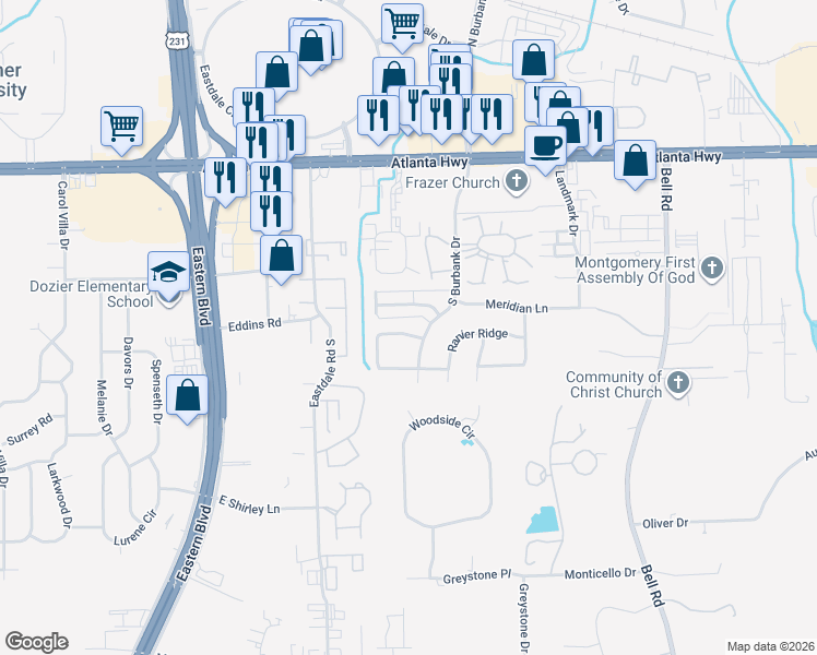 map of restaurants, bars, coffee shops, grocery stores, and more near 5919 Balmoral Road in Montgomery