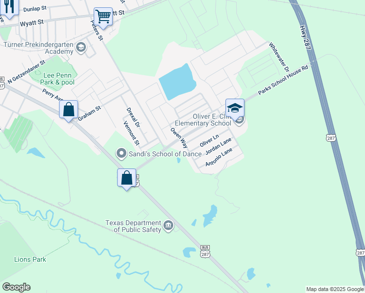 map of restaurants, bars, coffee shops, grocery stores, and more near 104 Owen Way in Waxahachie