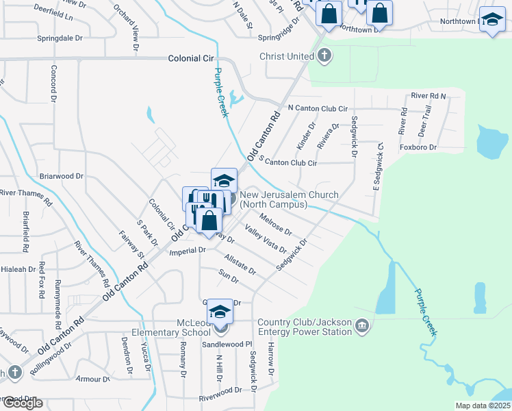 map of restaurants, bars, coffee shops, grocery stores, and more near 144 Melrose Drive in Jackson