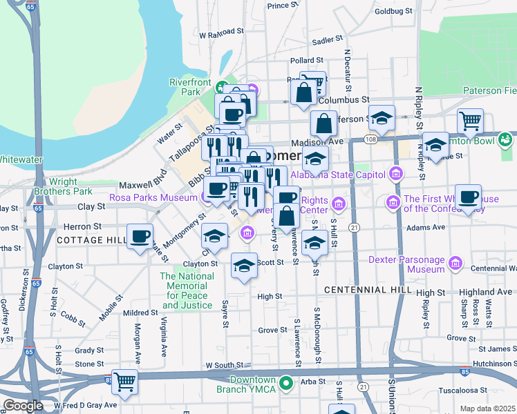 map of restaurants, bars, coffee shops, grocery stores, and more near 25 Washington Avenue in Montgomery