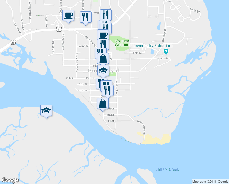 map of restaurants, bars, coffee shops, grocery stores, and more near 903 11th Street in Port Royal