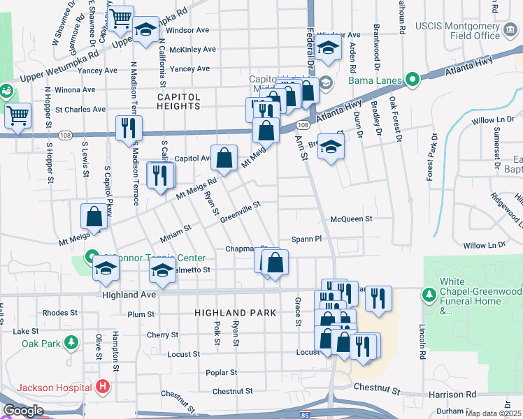map of restaurants, bars, coffee shops, grocery stores, and more near 407 Heustess Street in Montgomery