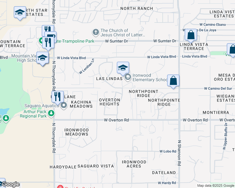 map of restaurants, bars, coffee shops, grocery stores, and more near 9360 North Camino De La Tierra in Tucson