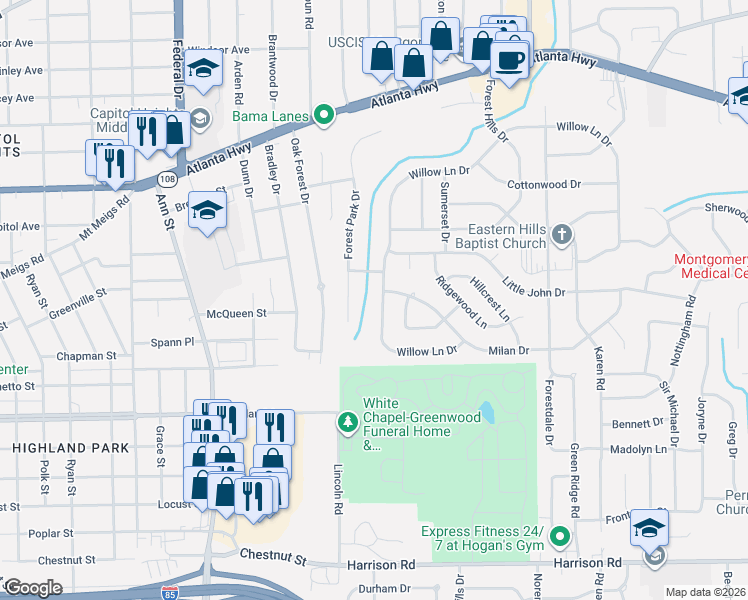 map of restaurants, bars, coffee shops, grocery stores, and more near 3028 Willow Lane Drive in Montgomery