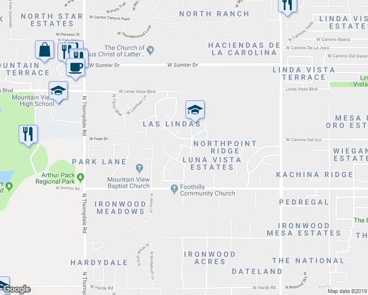 map of restaurants, bars, coffee shops, grocery stores, and more near 9360 North Camino De La Tierra in Tucson