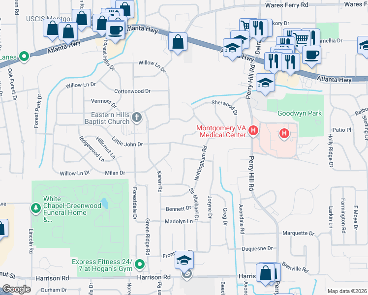 map of restaurants, bars, coffee shops, grocery stores, and more near 3530 Milan Drive in Montgomery