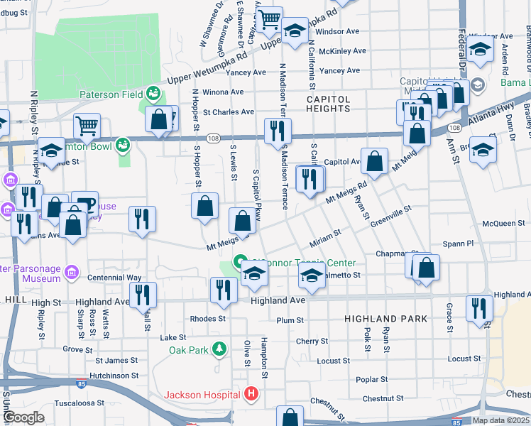 map of restaurants, bars, coffee shops, grocery stores, and more near 1721 Mount Meigs Road in Montgomery