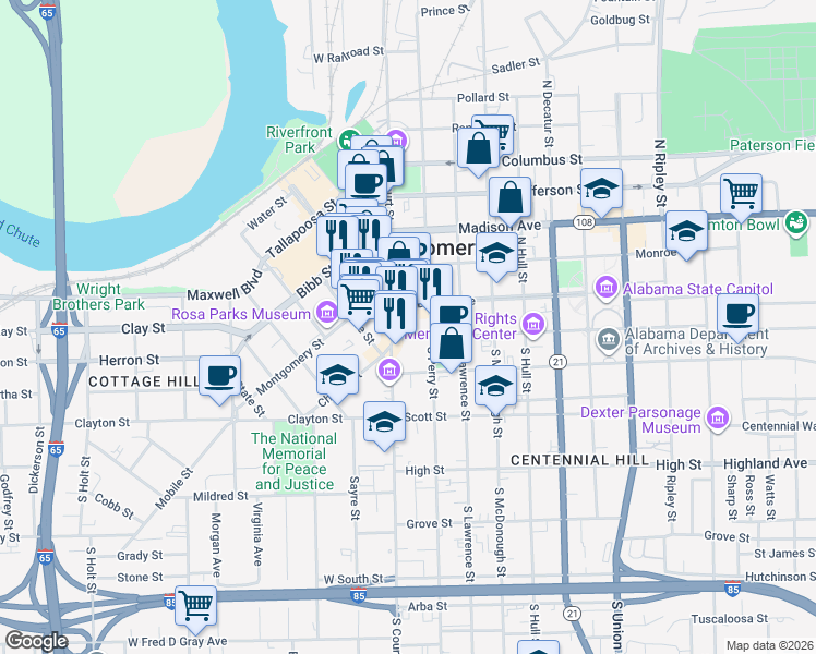 map of restaurants, bars, coffee shops, grocery stores, and more near 107 South Court Street in Montgomery