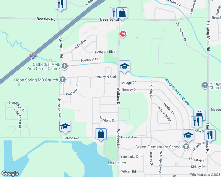map of restaurants, bars, coffee shops, grocery stores, and more near 350 Lake of Pines Drive in Jackson