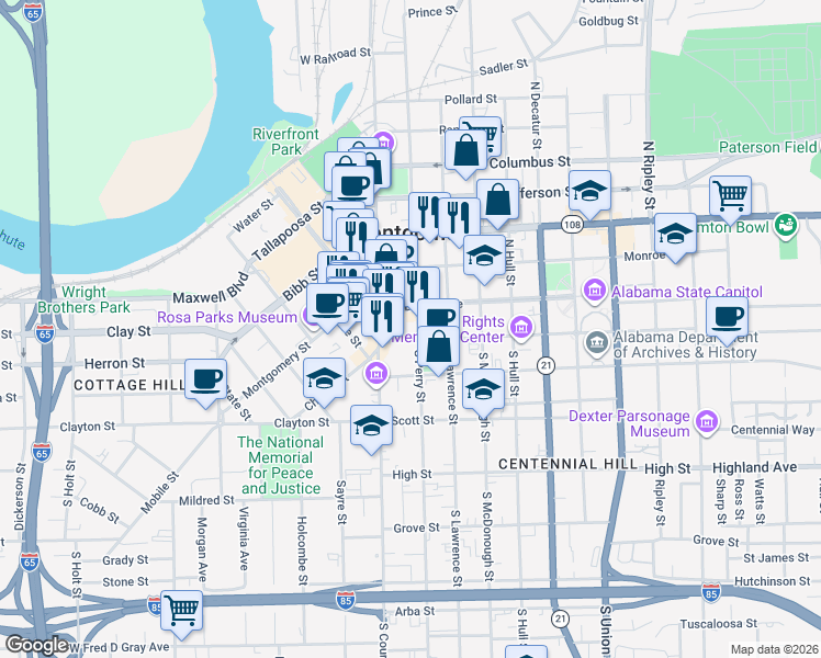 map of restaurants, bars, coffee shops, grocery stores, and more near 111 Washington Ave in Montgomery