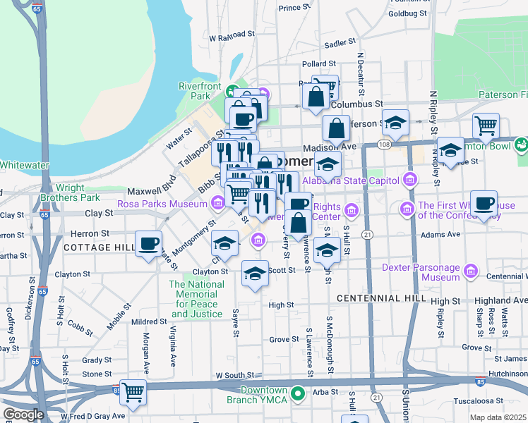 map of restaurants, bars, coffee shops, grocery stores, and more near 107 South Court Street in Montgomery