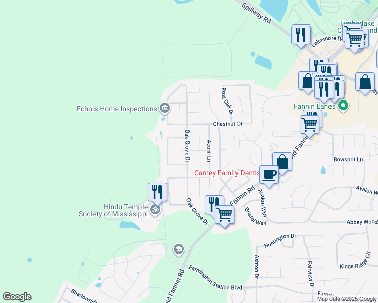map of restaurants, bars, coffee shops, grocery stores, and more near 174 Oak Grove Drive in Brandon