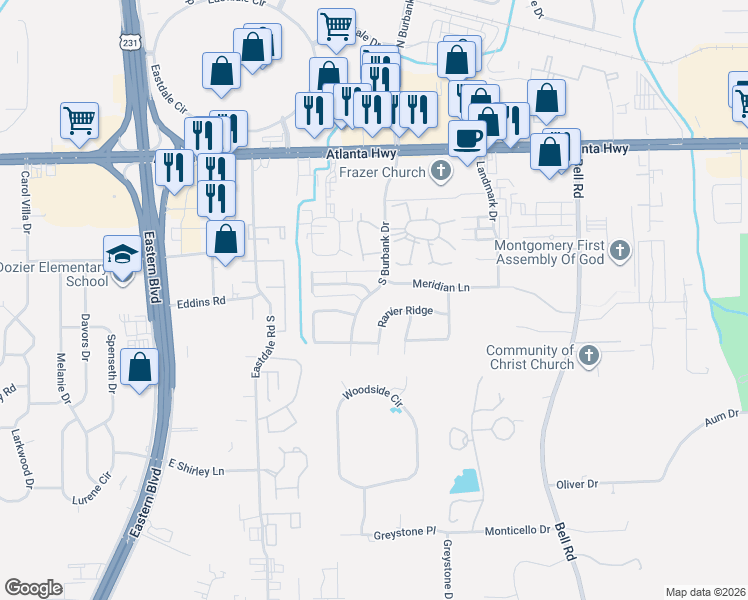 map of restaurants, bars, coffee shops, grocery stores, and more near 223 South Burbank Drive in Montgomery