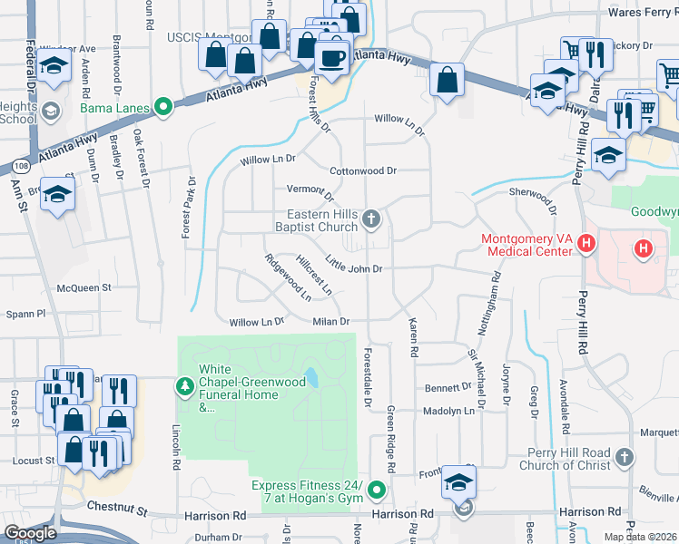 map of restaurants, bars, coffee shops, grocery stores, and more near 613 Ridgewood Lane in Montgomery