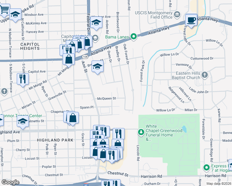 map of restaurants, bars, coffee shops, grocery stores, and more near 3054 McQueen Street in Montgomery